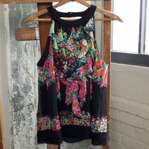 ECI Ruffle Neck Black Pink Aqua Tropical Floral Print Halter Top, Size 6
